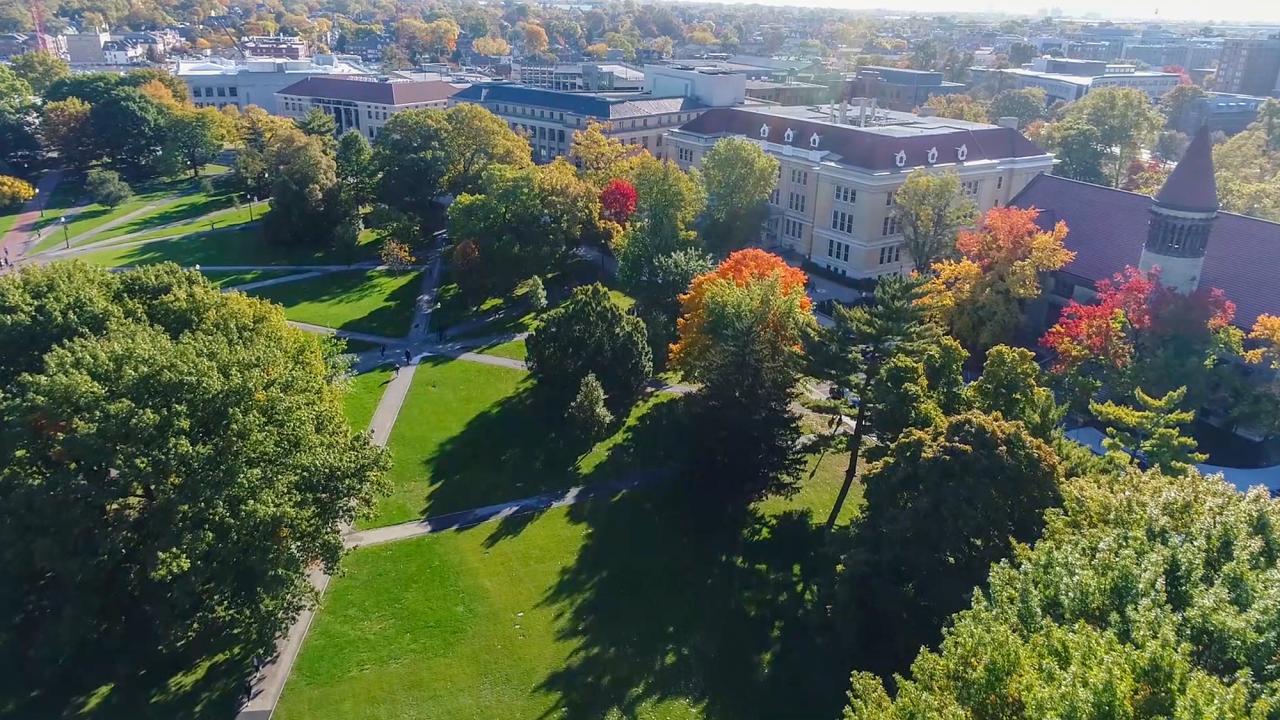 Aerial view of The Ohio State University in autumn from drone footage