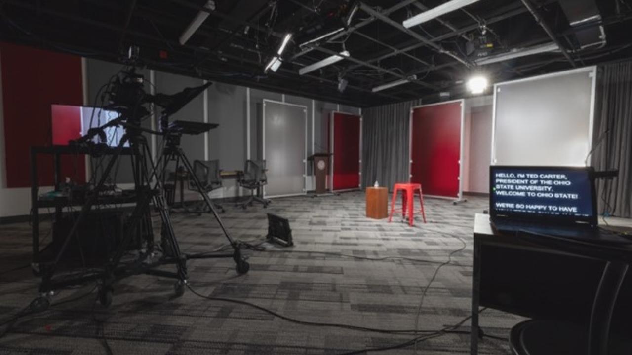 Backdrops of The Ohio State Columbus campus broadcast studio